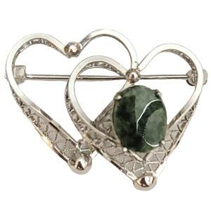 Sterling Silver Double Entwined Green Stone Hearts Brooch Pin M266